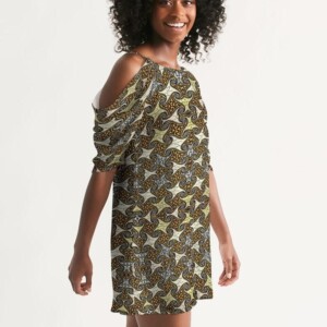 Yellow Brown African Print Open Shoulder A-Line Dress